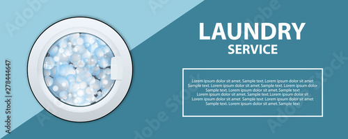 Laundry service poster or banner. Washing machine drum with soap bubbles. 3d realistic illustration. Front view, close-up, closed door.