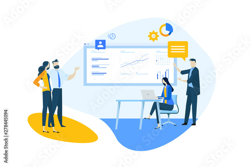 Flat design concept of our team, business analysis and planning, time management. Vector illustration for website banner, marketing material, business presentation, online advertising.