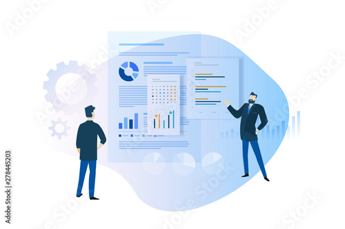 Flat design concept of annual report, planning and statistics, trends and productivity, business pVector illustration for website banner, marketing material, business presentation, online advertising.