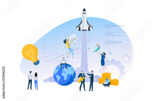 Flat design concept of startup, business plan, launching a product or service. Vector illustration for website banner, marketing material, business presentation, online advertising.
