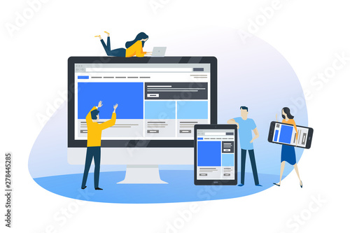 Flat design concept of web design and development, responsive design, seo. Vector illustration for website banner, marketing material, business presentation, online advertising.