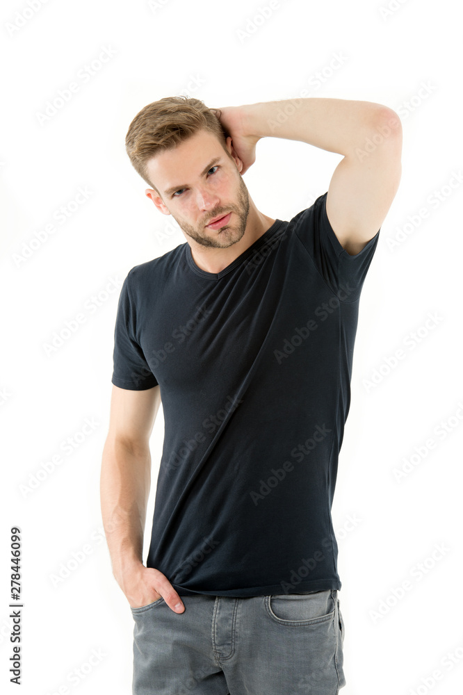 perfection. male fashion. sexy man isolated on white background. unshaven muscular man. handsome macho. male fashion and beauty. barbershop. guy in black shirt. casual style. Black fashion trend perfection. male fashion. sexy man isolated on white background. unshaven muscular man. handsome macho. male fashion and beauty. barbershop. guy in black shirt. casual style. Black fashion trend