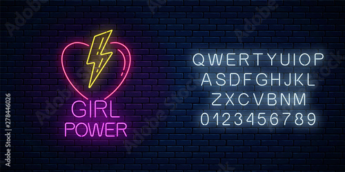 Girls power sign in neon style with alphabet. Glowing symbol of female slogan with heart and lightning shapes.