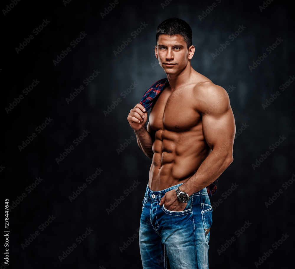 Shirtless Handsome Muscular Male Model in Jeans