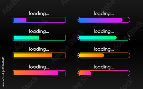 Loading bar set on dark backdrop. Progress visualization. Color gradient lines. Loading status collection. Web design elements on black background. Vector illustration photo