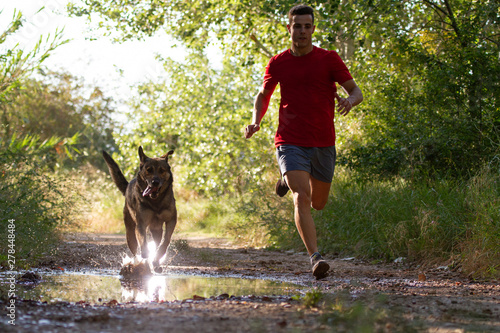Obraz na płótnie runner running across the field with his dog w salonie