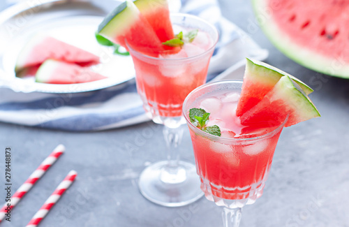 Watermelon cocktail with lemon and mint. Refreshing lemonade close up