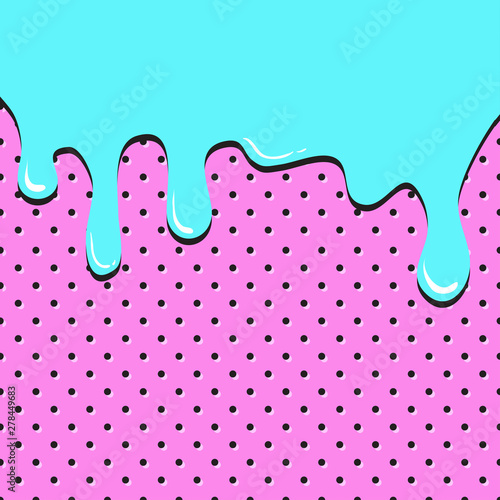 Flow down azure liquid on pink polka dot pattern. Bright comic background in pop art style, space for your text. Vector illustration