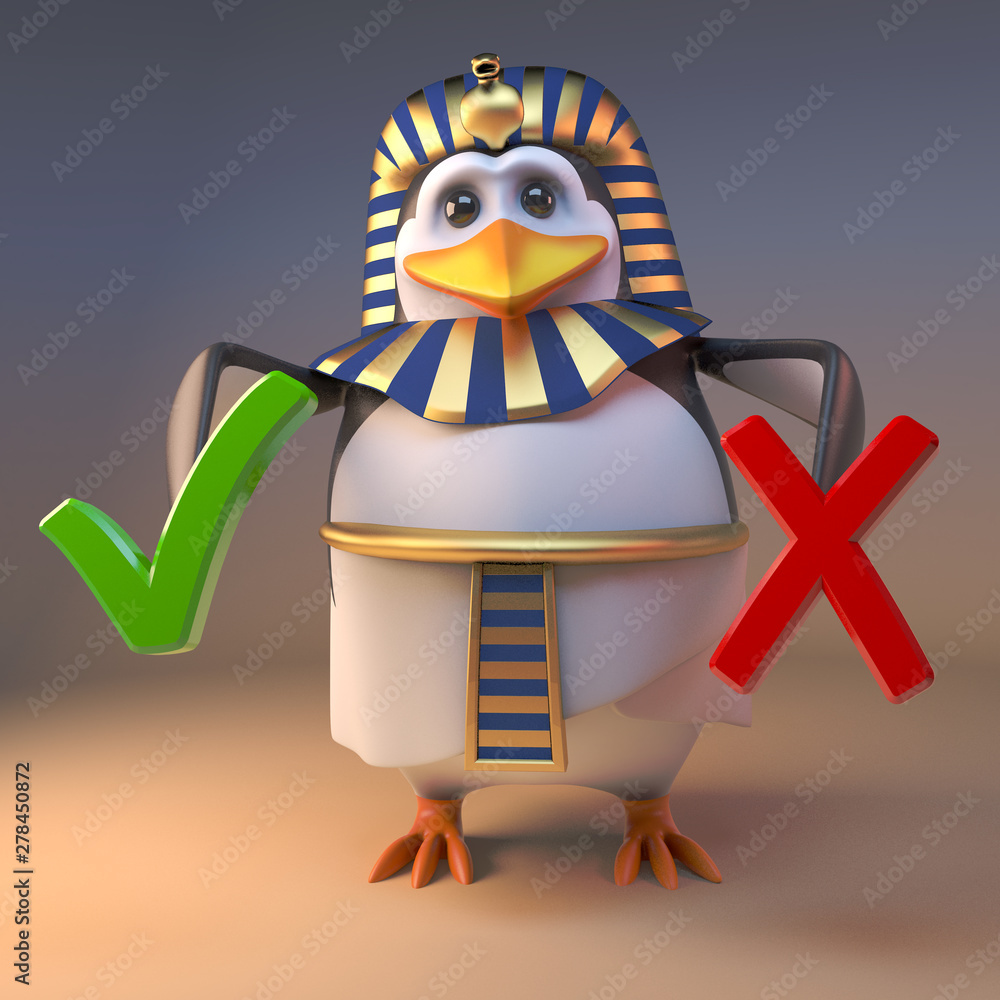 3d cartoon Egyptian penguin pharaoh Tutankhamun holding a tick and a cross,  3d illustration Stock Illustration | Adobe Stock