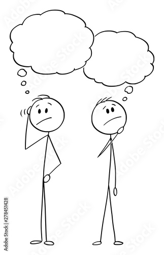 Vector cartoon stick figure drawing conceptual illustration of two men or businessmen thinking about problem solution or something. With empty speech bubbles ready to add your text.