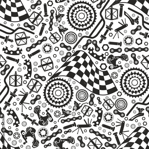 Bicycle parts and starting flags. Vector set. Seamless pattern.