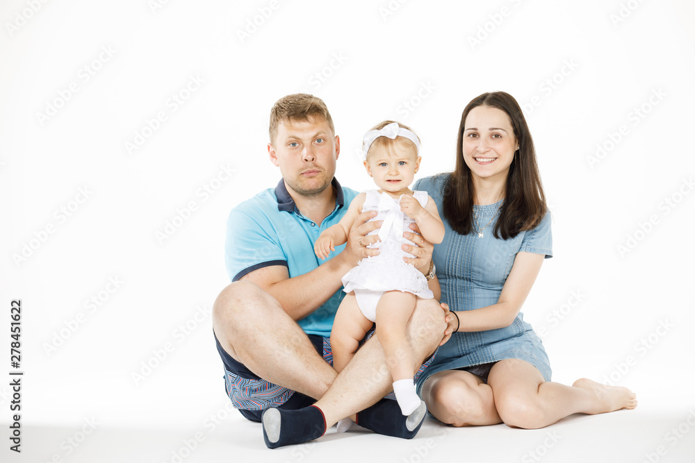 mom dad and daughter on white background