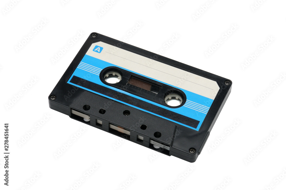 Compact audio tapes for magnetic recording on a white background.Compact cassette Compact audio tapes for magnetic recording on a white background.Compact cassette
