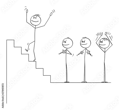 Vector cartoon stick figure drawing conceptual illustration of businessman climbing up the stairs to fall down to abyss, while business team is applauding and clapping.