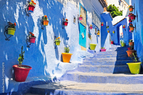 Typical beautiful moroccan architecture in Chefchaouen blue city medina in Morocco with blue walls