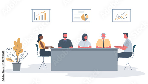 Office workers during the meeting. Employees are sitting at the table in the office. There is also a flower, and diagrams on the wall in the image. Conference hall. Funky flat style. Vector