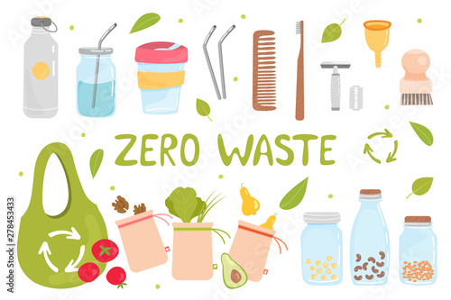 Zero waste. Set of Zero Waste elements - reusable shopping bag, wooden toothbrush and brushes, menstrual cup, steel straw, glass jars, thermo mug. Eco style. Hand draw vector illustration photo