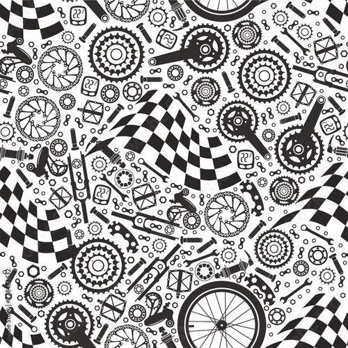 Bicycle parts and starting flags. Vector set. Seamless pattern.