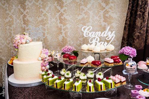 Candies table. Candy bar on the wedding.