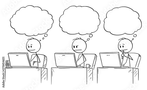 Vector cartoon stick figure drawing conceptual illustration of three businessmen working or typing in office on computers and thinking with empty speech bubbles.