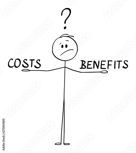 Vector cartoon stick figure drawing conceptual illustration of man or businessman balancing costs and benefits on his hands and thinking about.