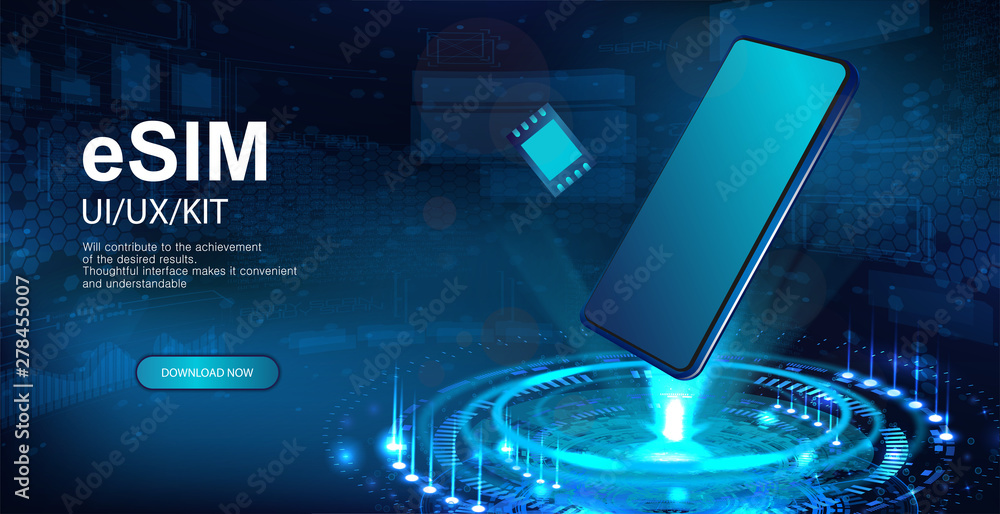eSIM and Smartphone hologram. Presentation banner, Holographic projection with isometric smartphones. eSIM card chip sign. New mobile communication technology. Vector illustration banner sim card eSIM and Smartphone hologram. Presentation banner, Holographic projection with isometric smartphones. eSIM card chip sign. New mobile communication technology. Vector illustration banner sim card