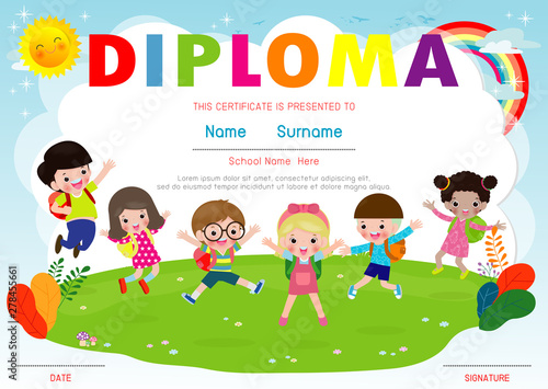 Certificate kids diploma, kindergarten template layout space background frame design vector. Preschool Kids Diploma,Certificate of children diploma, education preschool concept. Vector Illustration