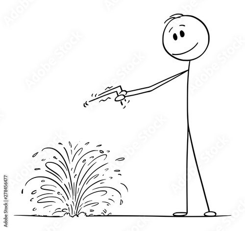 Vector cartoon stick figure drawing conceptual illustration of diviner or dowser searching for water in ground.