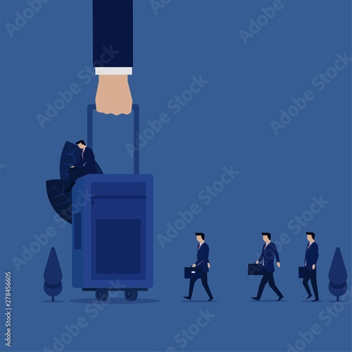 Business hand hold luggage ready to travel for business trip with team with suitcase.