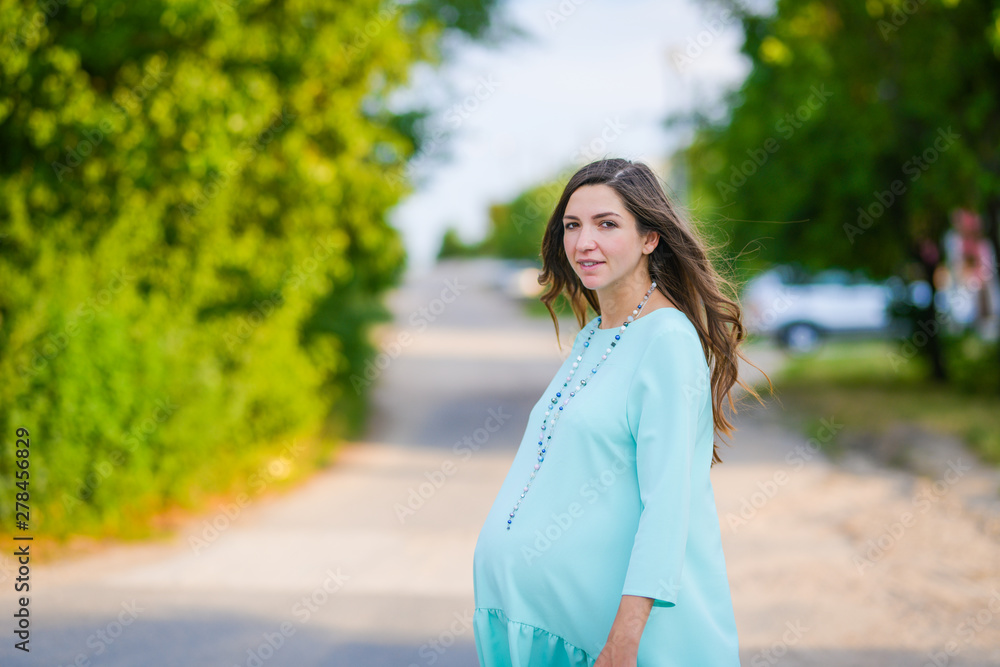 Pregnant girl in a turquoise dress. Pregnant woman in day dress strolling in the park. The girl smiles. comfortable clothes for pregnant women. Pregnant girl in a turquoise dress. Pregnant woman in day dress strolling in the park. The girl smiles. comfortable clothes for pregnant women.