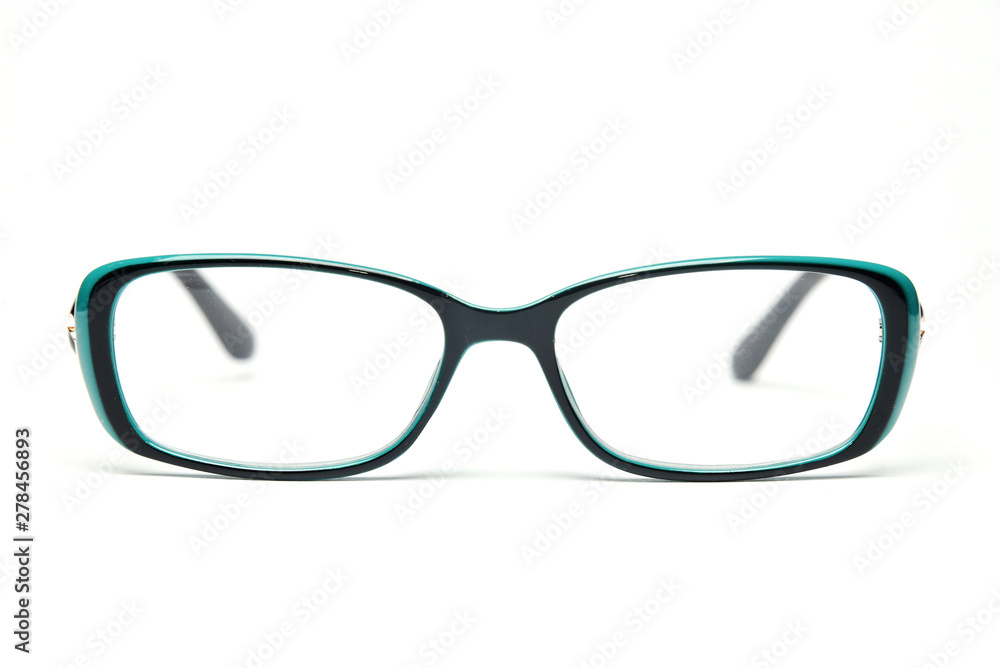 Plastic elegance glasses frame rim black and green color on white background close up Plastic elegance glasses frame rim black and green color on white background close up