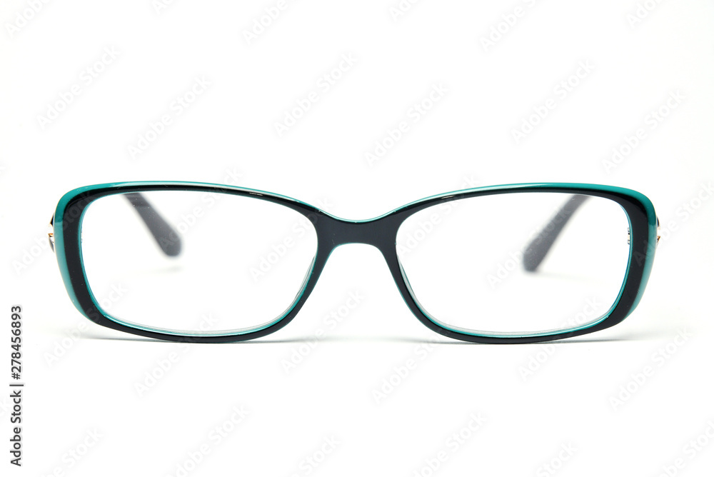 Plastic elegance glasses frame rim black and green color on white background close up