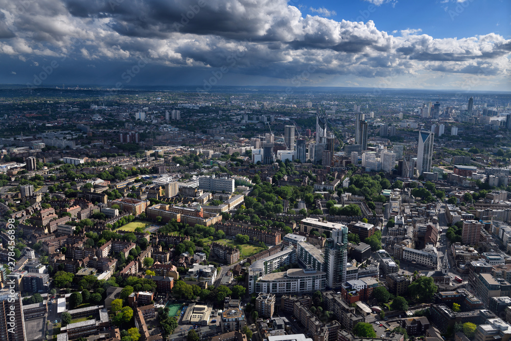 Aerial view of Tabard Gardens and Strata SE1 and other Southwark highrise residential towers in central London England from The Shard