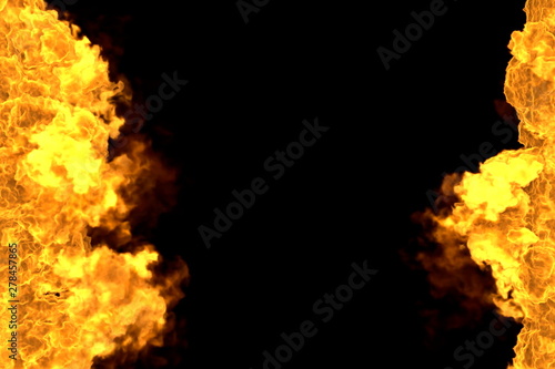 Fire 3D illustration of mystical fiery fireplace frame isolated on black - top and bottom are empty, fire lines from sides left and right