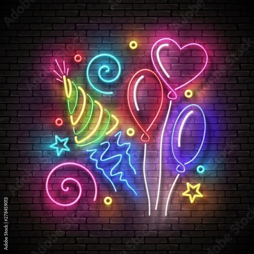 Glow Signboard with Different Balloons, Holiday Hat and Confetti
