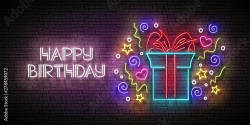 Vintage Glow Greeting Card with Gift, Confetti and Happy Birthday Inscription