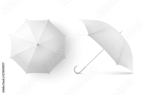 Vector 3d Realistic Render White Blank Umbrella Icon Set Closeup Isolated on White Background. Design Template of Opened Parasols for Mock-up, Branding, Advertise etc. Top and Front View