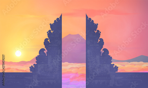 Colorful sunset view to mountain Agung from Balinese temple Pura Lempuyang, vector illustration of Bali island traveling