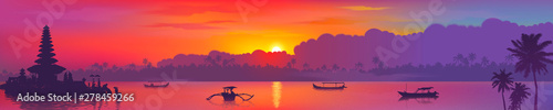 Colorful Asian sunset Balinese landmarks panoramic view, vector illustration of Bali water temple, palm trees and fishing boats in ocean