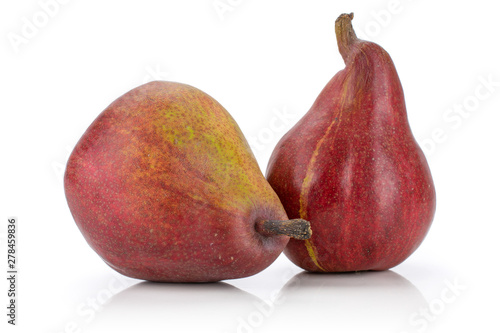 Foto Group of two whole glossy fresh dark red pear anjou isolated on white background