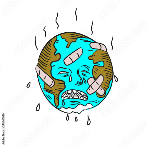 Doodle art illustration of sad mother earth with patches and bandages feeling hot, sweating and crying  done in drawing sketch style.