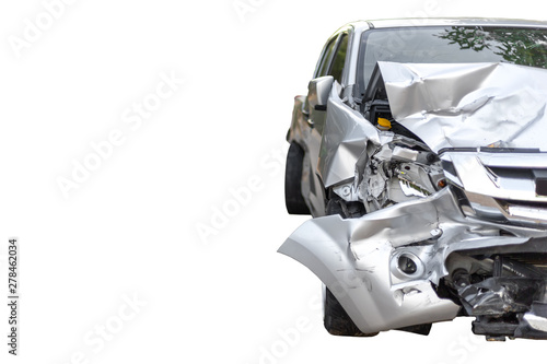 Front of light gray color car with pick up have big damaged and broken by accident on road in morning time can not drive any more park for wait insurance officer.Isolate save with clipping path