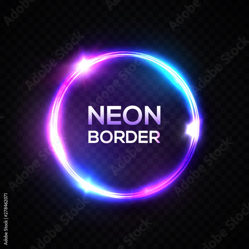 Circle neon light lamp frame. Night wall sign isolated on transparent background. Color vector pink blue purple power glowing circle bulb banner. 80s style design element for flyer poster advertising.