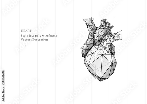 Vector isolated heart with pain center. Low poly wireframe and points. Polygonal 3D white human organ on dark background. Medicine concept with geometry triangle. Abstract heart pain mash line origami