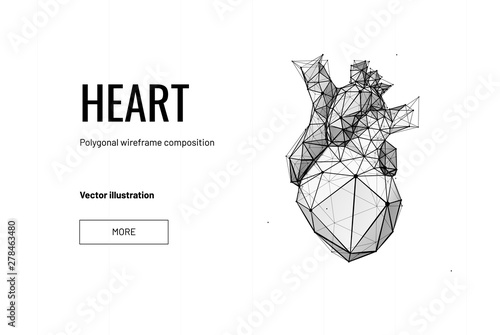 Vector isolated heart with pain center. Low poly wireframe and points. Polygonal 3D white human organ on dark background. Medicine concept with geometry triangle. Abstract heart pain mash line origami
