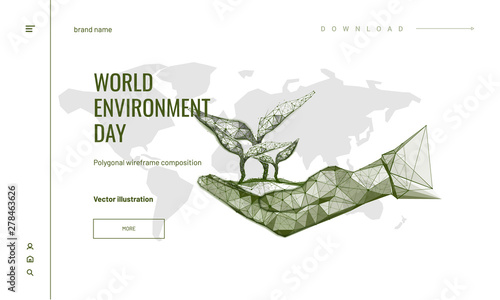 Several grass shoots in hand. Polygonal wireframe composition. World environment day concept. Abstract illustration isolated on white background. Particles are connected in a geometric silhouette.