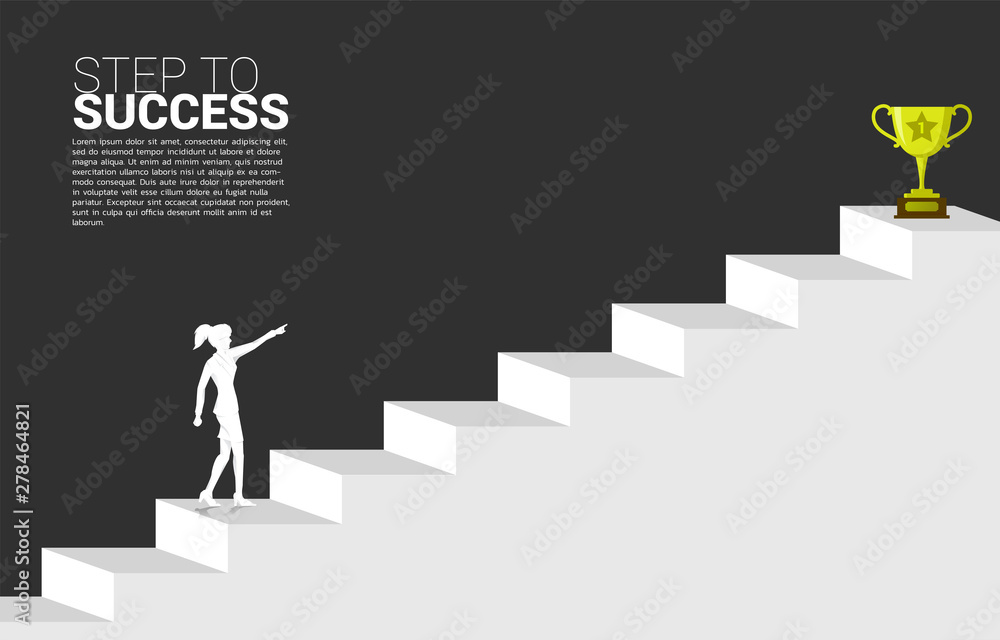 silhouette of businesswoman point to trophy at top of stair. Concept of vision mission and goal of business silhouette of businesswoman point to trophy at top of stair. Concept of vision mission and goal of business