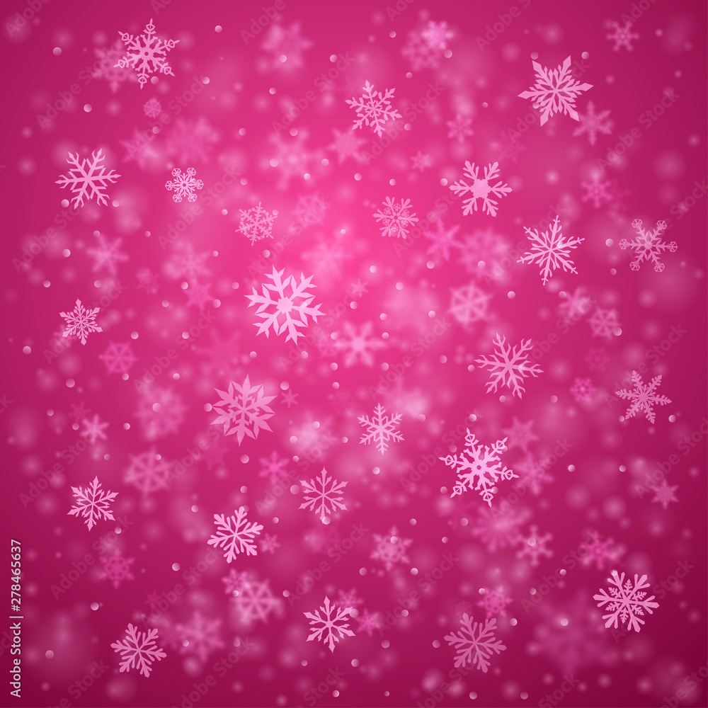 Christmas background of complex blurred and clear falling snowflakes in pink colors with bokeh effect