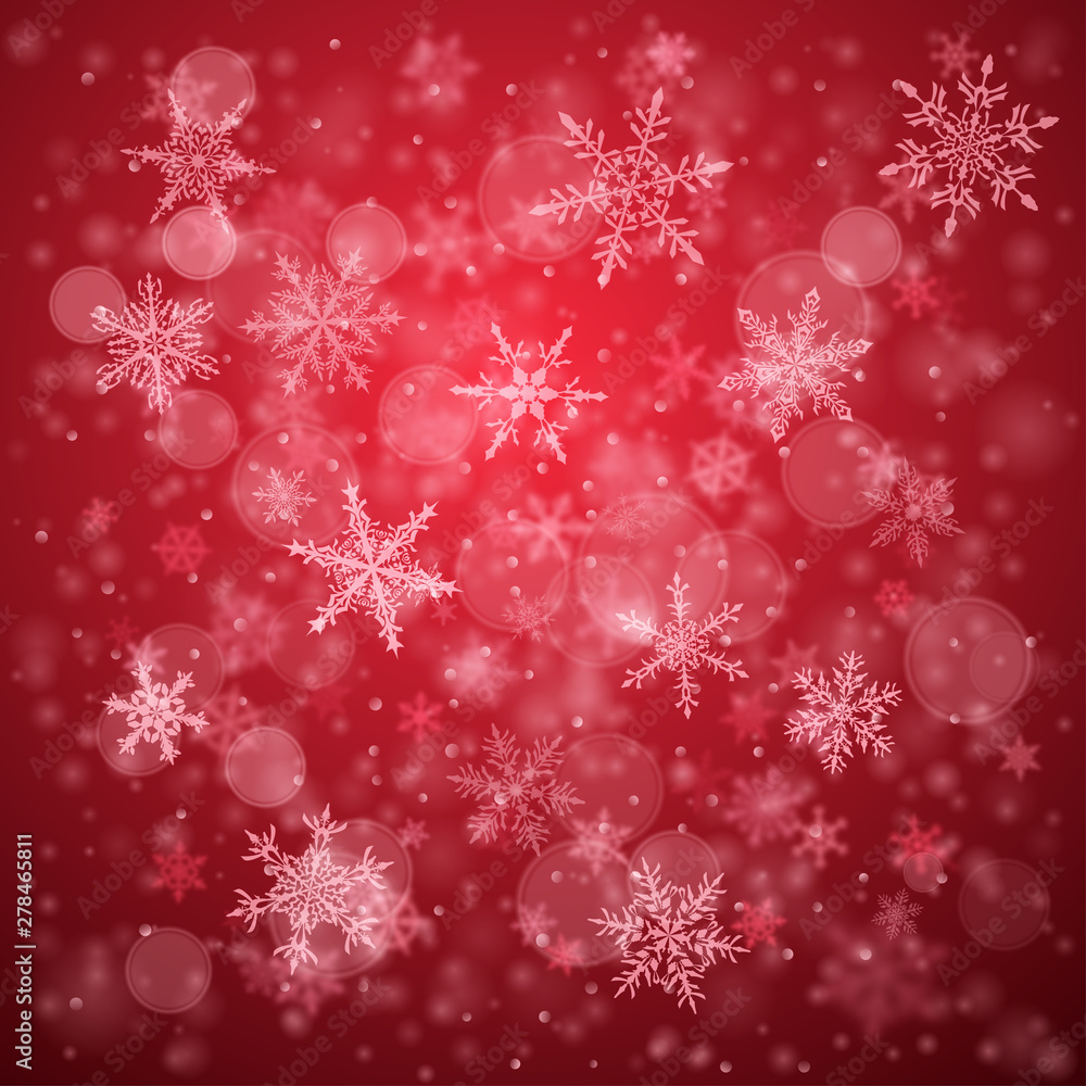 Christmas background of complex blurred and clear falling snowflakes in red colors with bokeh effect Christmas background of complex blurred and clear falling snowflakes in red colors with bokeh effect