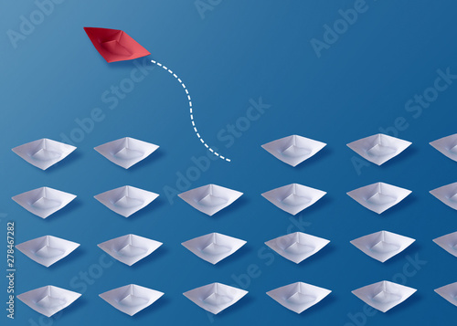Foto Individuality Be Different Concept, Red Origami Paper Boat and White Boats
